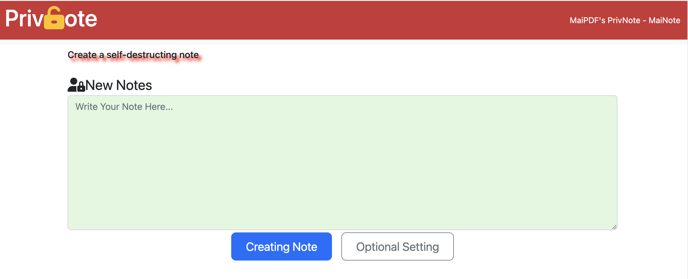 MaiPDF Privnote interface showing secure note creation